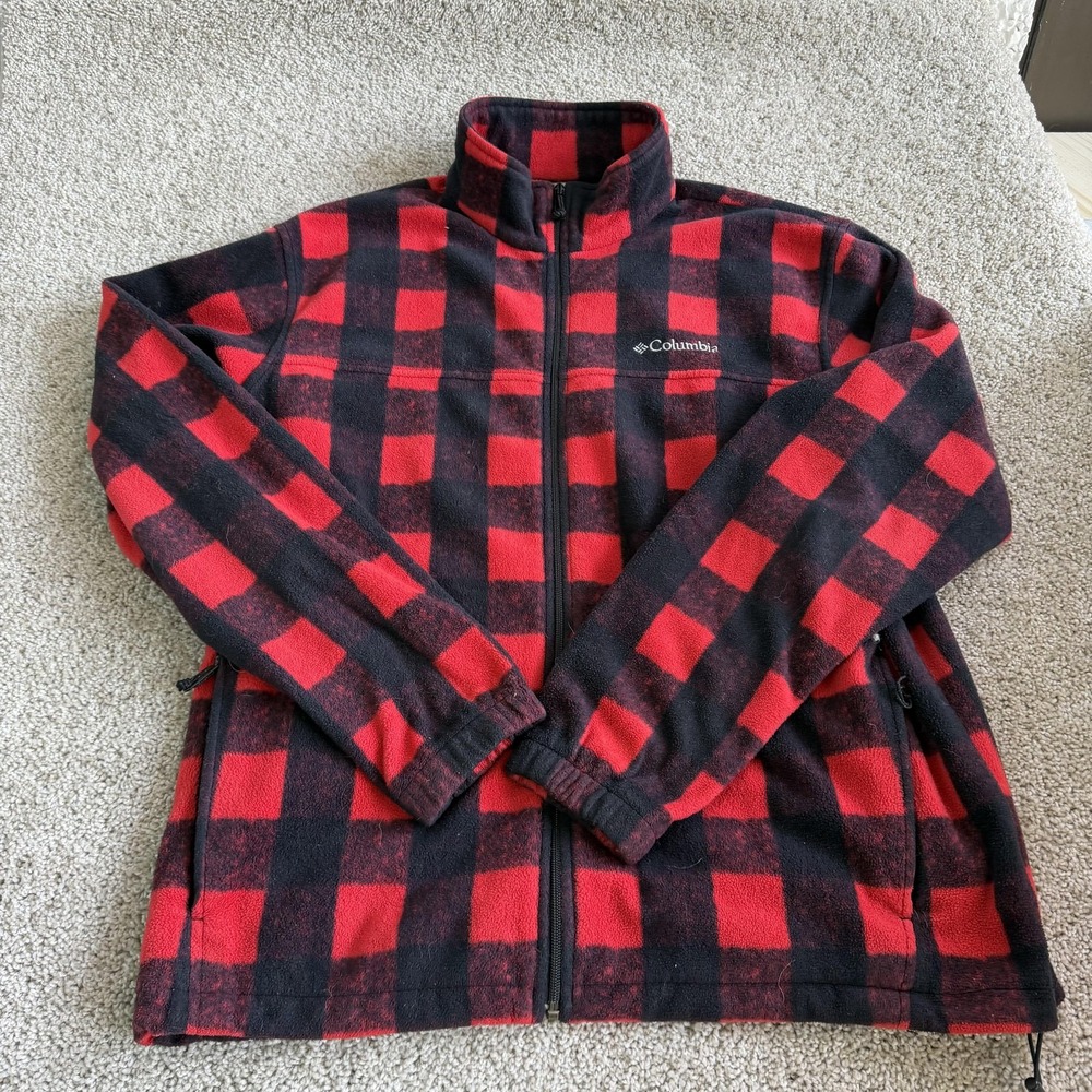 Columbia Jacket Mens XL Red Black Fleece Full Zip Plaid Outdoor Hiking Thermal